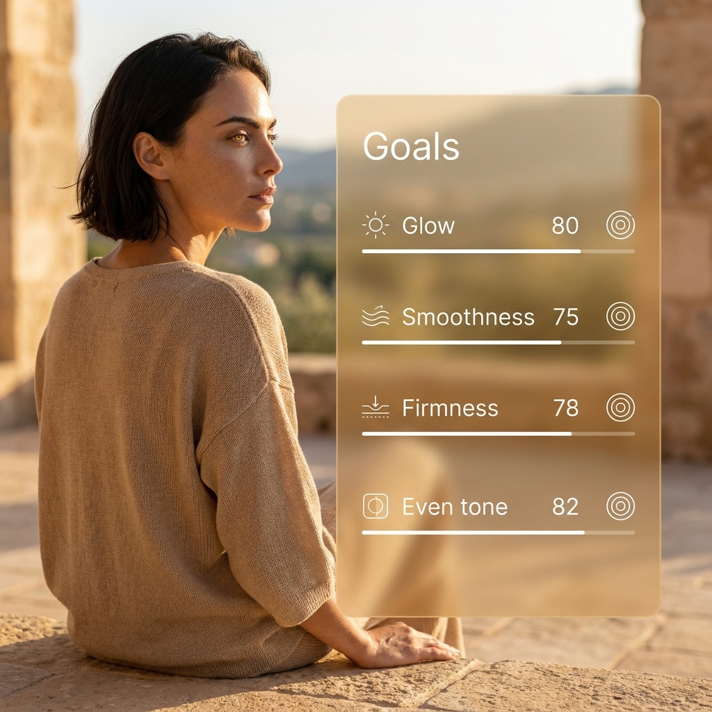 Aurelia goals panel with glow, smoothness, firmness, and even tone targets beside a woman on a golden-hour terrace