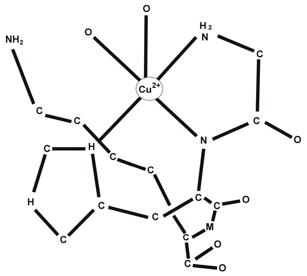 Chemical structure of the GHK-Cu complex. A central copper(II) ion is coordinated by the tripeptide glycyl-histidyl-lysine, including the nitrogen of histidine's imidazole ring and the amino and amide nitrogens of the peptide, with the amino and carboxyl side groups arranged around it.